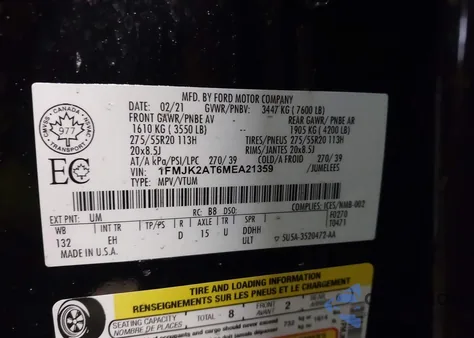 2021 Ford Expedition Max Limited from USA, damaged, VIN 1FMJK2AT6MEA21359